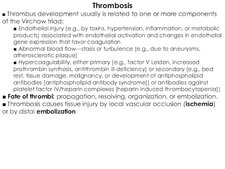 Thrombosis ■ Thrombus development usually is related to one or