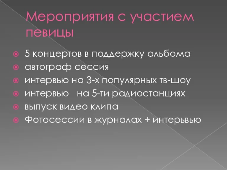 Мероприятия с участием певицы 5 концертов в поддержку альбома автограф