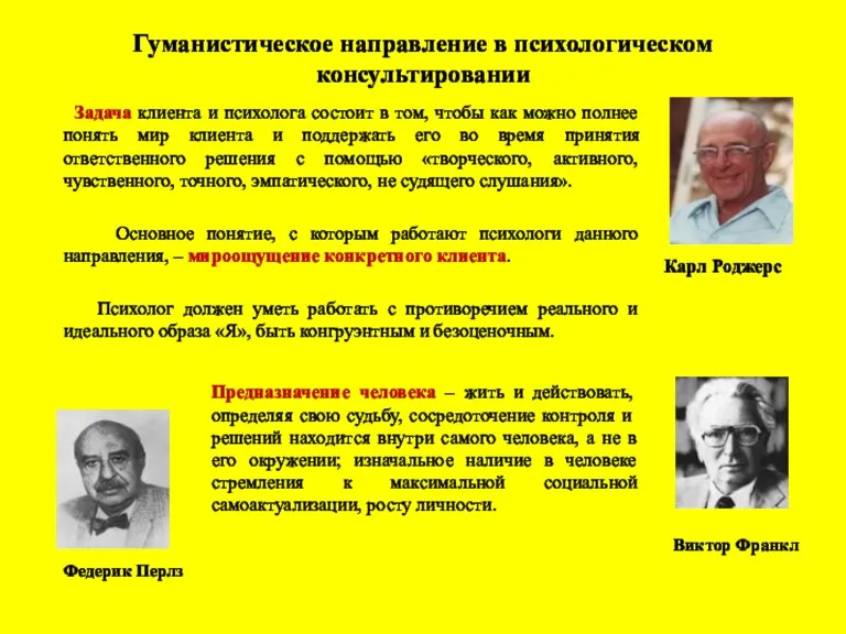 Гуманистическое направление в психологическом консультировании Задача клиента и психолога состоит в том, чтобы