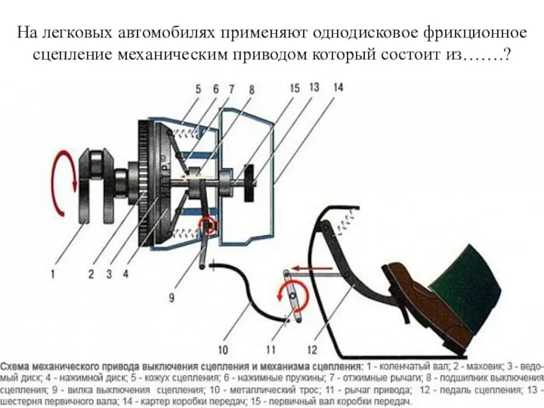 На легковых автомобилях применяют однодисковое фрикционное сцепление механическим приводом который состоит из…….?