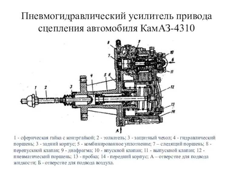 Пневмогидравлический усилитель привода сцепления автомобиля КамАЗ-4310 1 - сферическая гайка