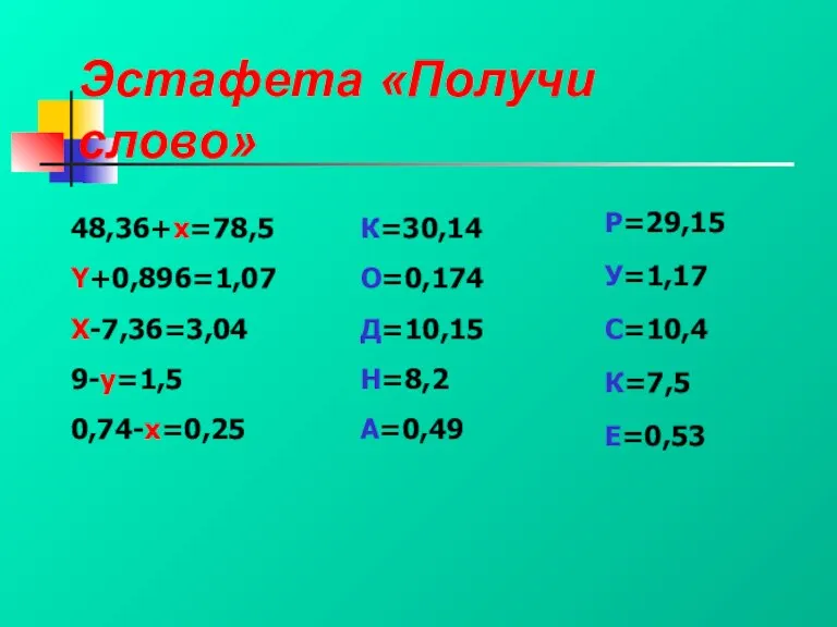 Эстафета «Получи слово» 48,36+x=78,5 Y+0,896=1,07 X-7,36=3,04 9-y=1,5 0,74-x=0,25 К=30,14 О=0,174