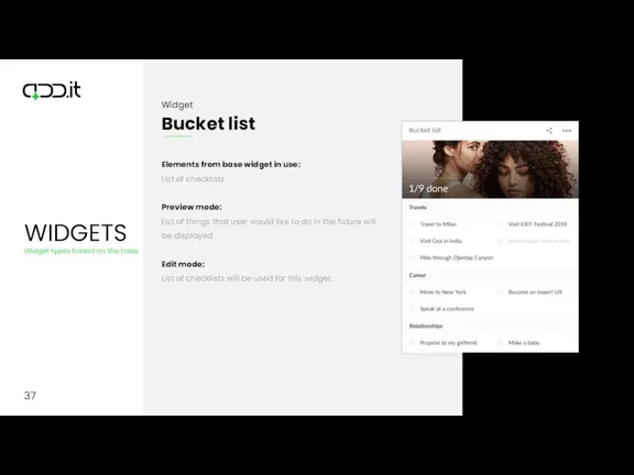 37 Elements from base widget in use: List of checklists Preview mode: List