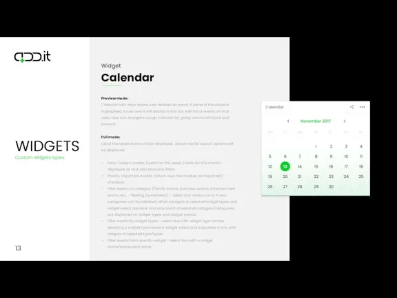 13 Preview mode: Calendar with days where user defined an event. If some