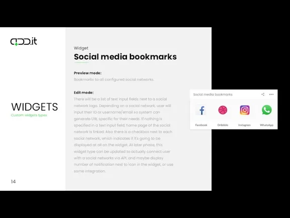 14 Preview mode: Bookmarks to all configured social networks. Edit mode: There will