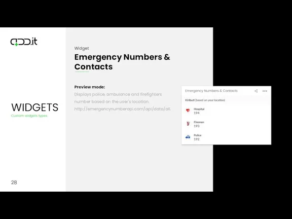 28 Emergency Numbers & Contacts Preview mode: Displays police, ambulance and firefighters number