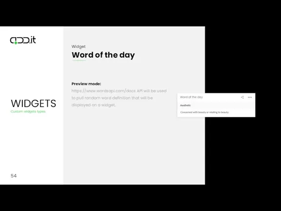 54 Preview mode: https://www.wordsapi.com/docs API will be used to pull random word definition