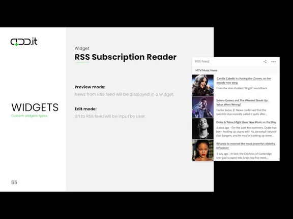 55 Preview mode: News from RSS feed will be displayed in a widget.