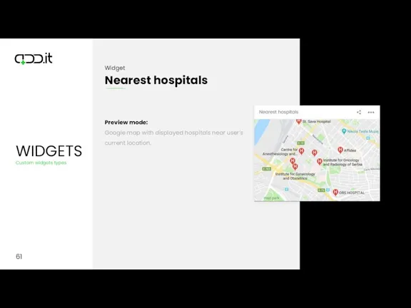 61 Preview mode: Google map with displayed hospitals near user’s current location.