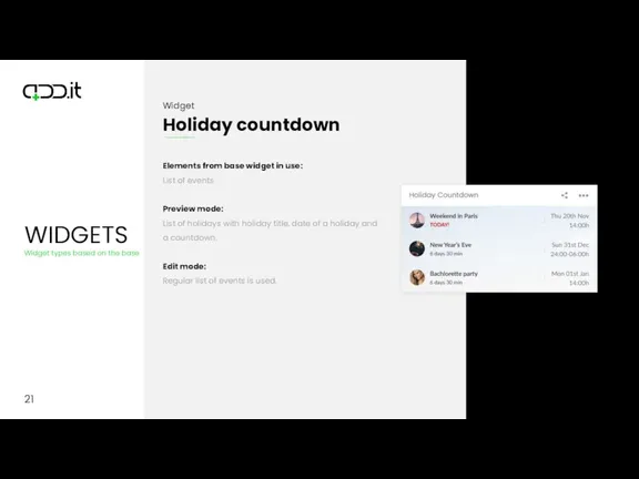 21 Elements from base widget in use: List of events Preview mode: List