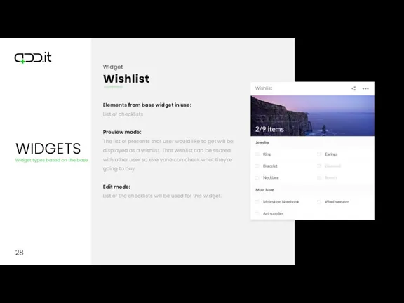 28 Elements from base widget in use: List of checklists Preview mode: The