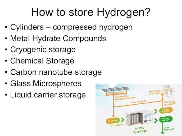 How to store Hydrogen? Cylinders – compressed hydrogen Metal Hydrate Compounds Cryogenic storage