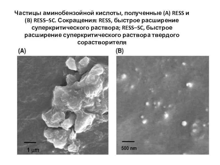 Частицы аминобензойной кислоты, полученные (A) RESS и (B) RESS–SC. Сокращения: