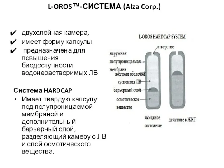 L-OROS™-СИСТЕМА (Alza Corp.) двухслойная камера, имеет форму капсулы предназначена для