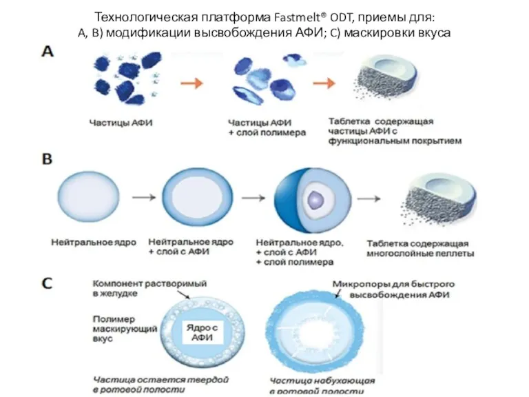 Технологическая платформа Fastmelt® ODT, приемы для: A, B) модификации высвобождения АФИ; C) маскировки вкуса