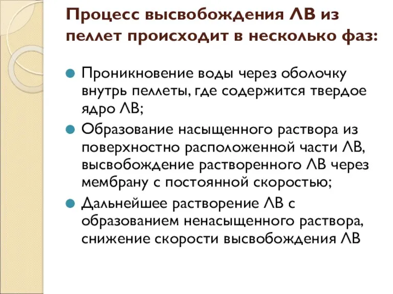 Процесс высвобождения ЛВ из пеллет происходит в несколько фаз: Проникновение