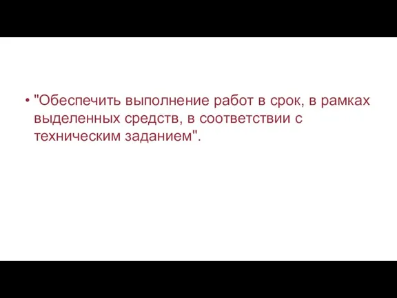 "Обеспечить выполнение работ в срок, в рамках выделенных средств, в соответствии с техническим заданием".