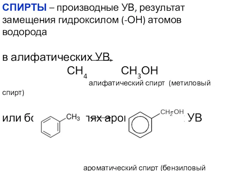 СПИРТЫ – производные УВ, результат замещения гидроксилом (-ОН) атомов водорода