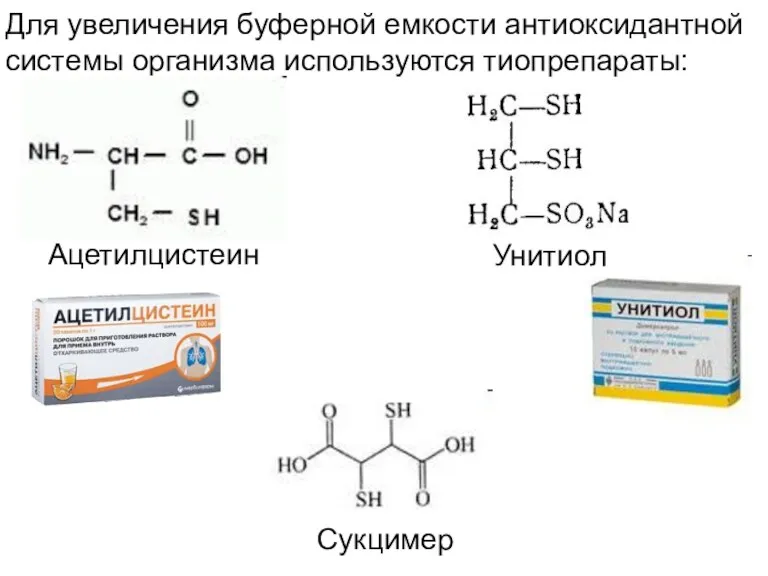 Для увеличения буферной емкости антиоксидантной системы организма используются тиопрепараты: Сукцимер Унитиол Ацетилцистеин