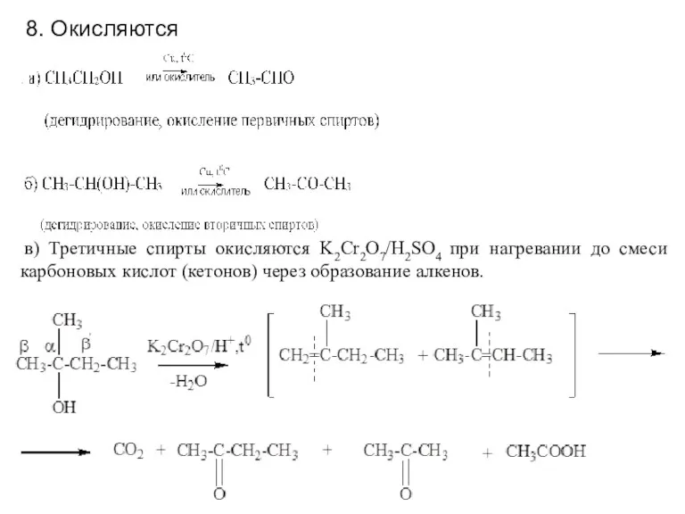 в) Третичные спирты окисляются K2Cr2O7/H2SO4 при нагревании до смеси карбоновых