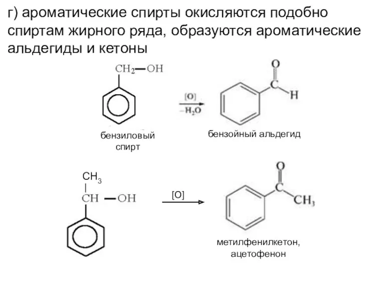 г) ароматические спирты окисляются подобно спиртам жирного ряда, образуются ароматические