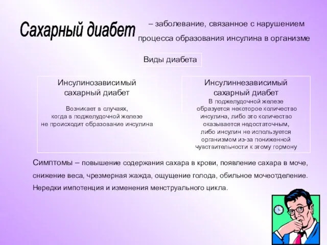 – заболевание, связанное с нарушением процесса образования инсулина в организме Виды диабета Инсулинозависимый