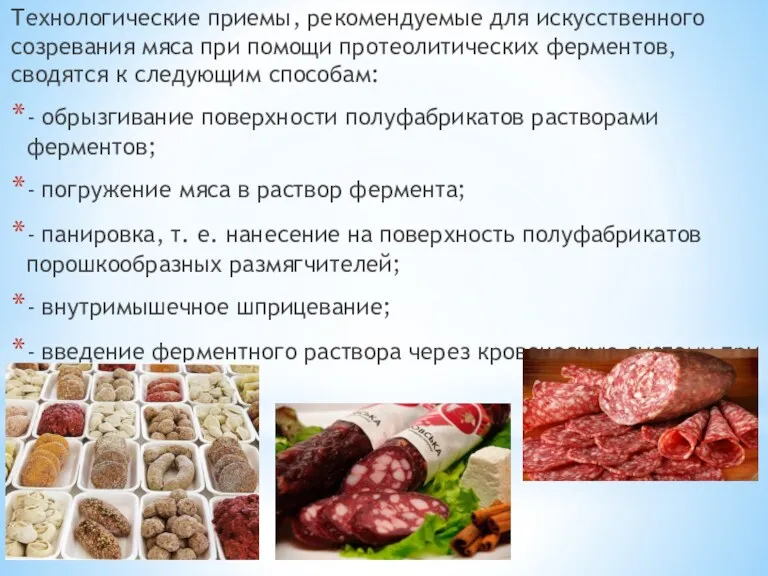 Технологические приемы, рекомендуемые для искусственного созревания мяса при помощи протеолитических ферментов, сводятся к