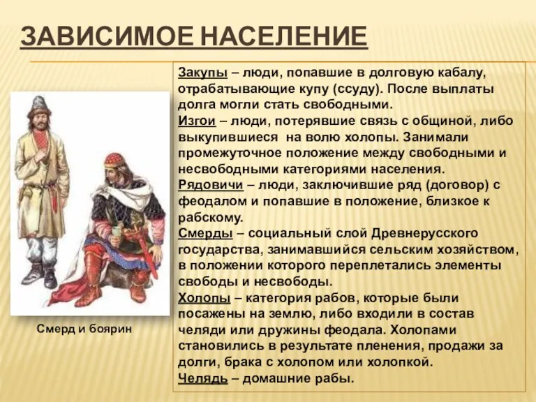 ЗАВИСИМОЕ НАСЕЛЕНИЕ Закупы – люди, попавшие в долговую кабалу, отрабатывающие