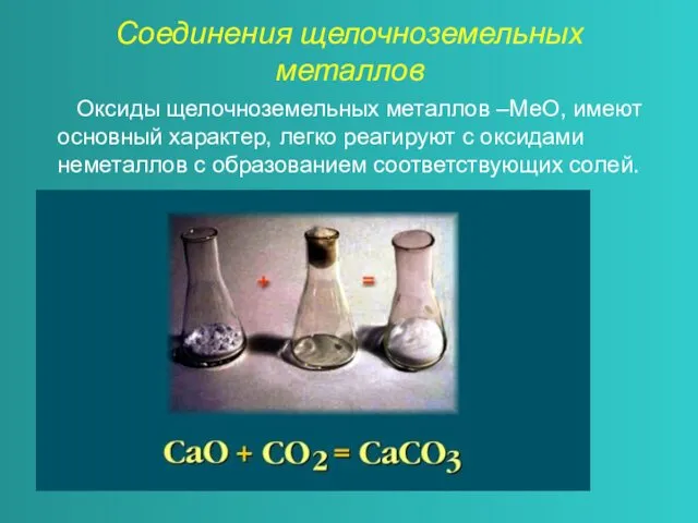 Соединения щелочноземельных металлов Оксиды щелочноземельных металлов –МеО, имеют основный характер, легко реагируют с