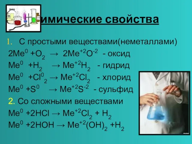Химические свойства С простыми веществами(неметаллами) 2Me0 +O2 → 2Me+2O-2 - оксид Me0 +H2