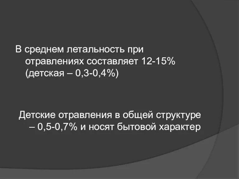 В среднем летальность при отравлениях составляет 12-15% (детская – 0,3-0,4%)