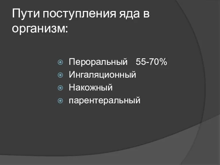 Пути поступления яда в организм: Пероральный 55-70% Ингаляционный Накожный парентеральный