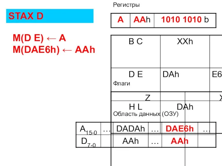 Флаги Регистры Область данных (ОЗУ) STAX D M(D E) ← A M(DAE6h) ← AAh