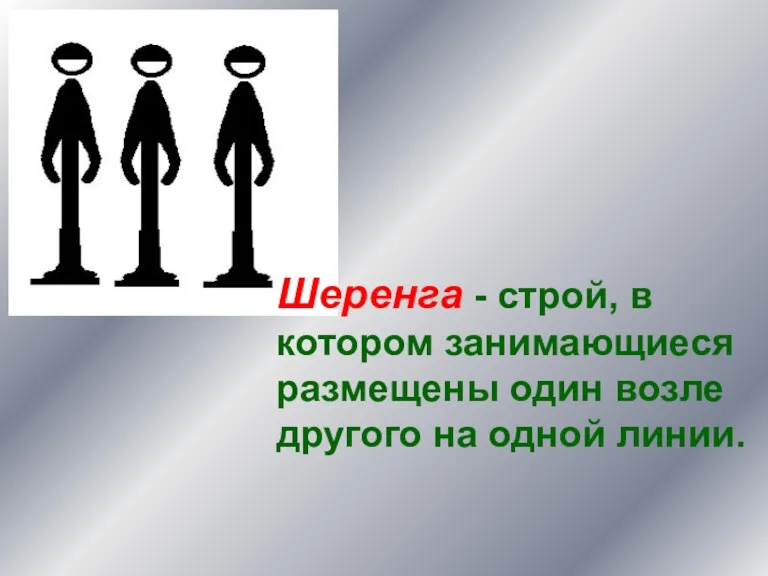 Шеренга - строй, в котором занимающиеся размещены один возле другого на одной линии.