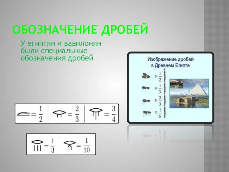 ОБОЗНАЧЕНИЕ ДРОБЕЙ У египтян и вавилонян были специальные обозначения дробей