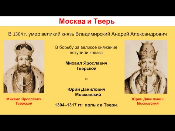 Москва и Тверь В 1304 г. умер великий князь Владимирский Андрей Александрович В