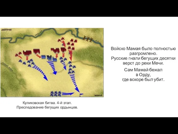 Войско Мамая было полностью разгромлено. Русские гнали бегущих десятки верст до реки Мечи.