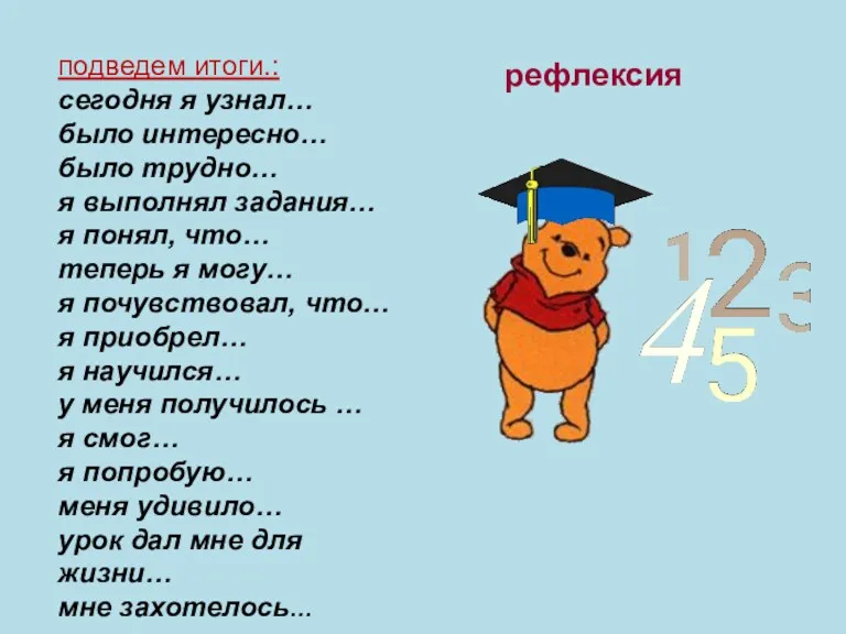 рефлексия подведем итоги.: сегодня я узнал… было интересно… было трудно…