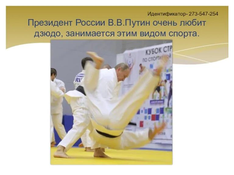 Идентификатор- 273-547-254 Президент России В.В.Путин очень любит дзюдо, занимается этим видом спорта.