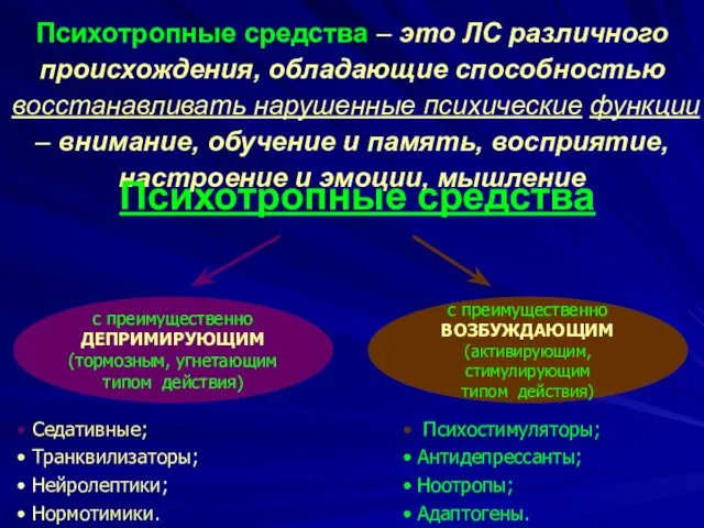 Психотропные средства – это ЛС различного происхождения, обладающие способностью восстанавливать