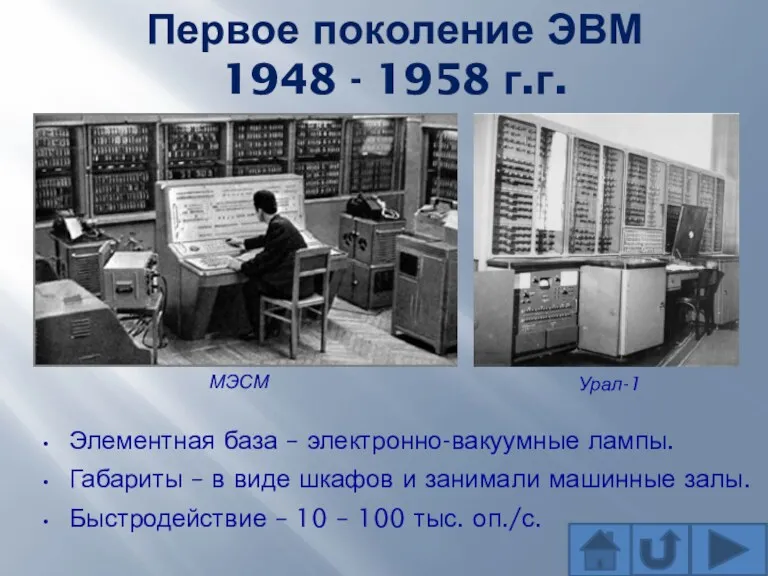 Первое поколение ЭВМ 1948 - 1958 г.г. Элементная база – электронно-вакуумные лампы. Габариты
