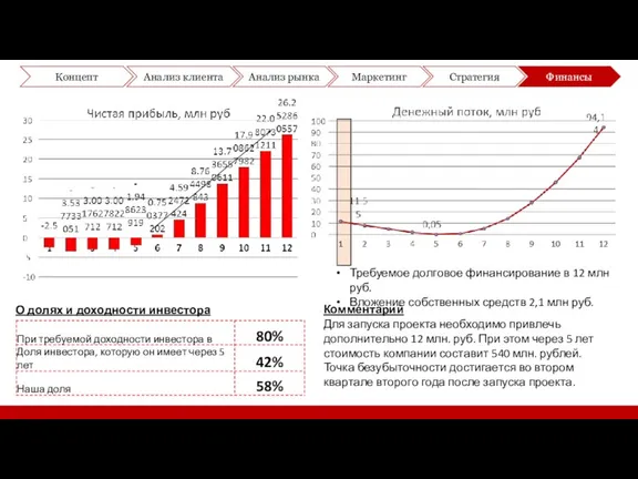 Требуемое долговое финансирование в 12 млн руб. Вложение собственных средств