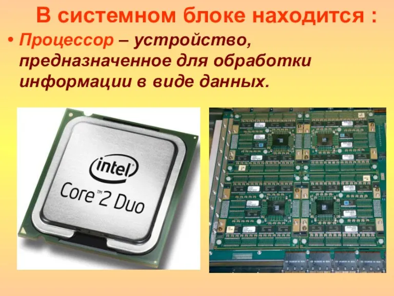 Процессор – устройство, предназначенное для обработки информации в виде данных. В системном блоке находится :