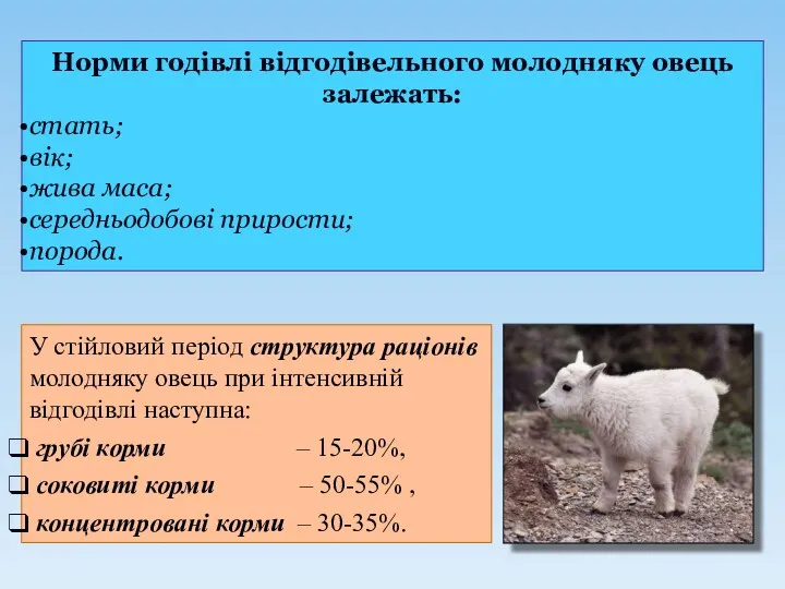 Норми годівлі відгодівельного молодняку овець залежать: стать; вік; жива маса;