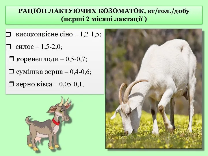 РАЦІОН ЛАКТУЮЧИХ КОЗОМАТОК, кг/гол./добу (перші 2 місяці лактації ) високоякісне