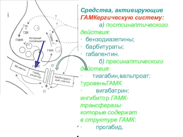 Средства, активирующие ГАМКергическую систему: а) постсинаптического действия: · бензодиазепины; ·