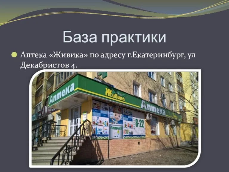 База практики Аптека «Живика» по адресу г.Екатеринбург, ул Декабристов 4.