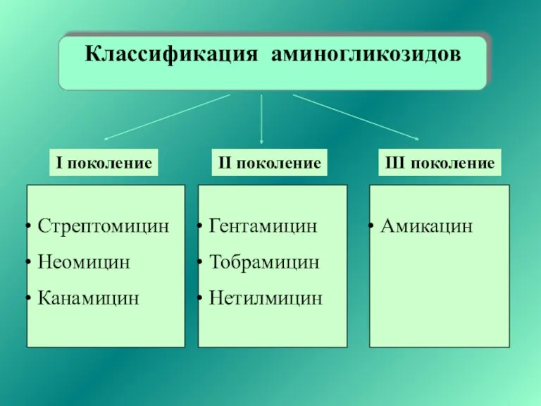 Классификация аминогликозидов Стрептомицин Неомицин Канамицин Гентамицин Тобрамицин Нетилмицин Амикацин I поколение II поколение III поколение