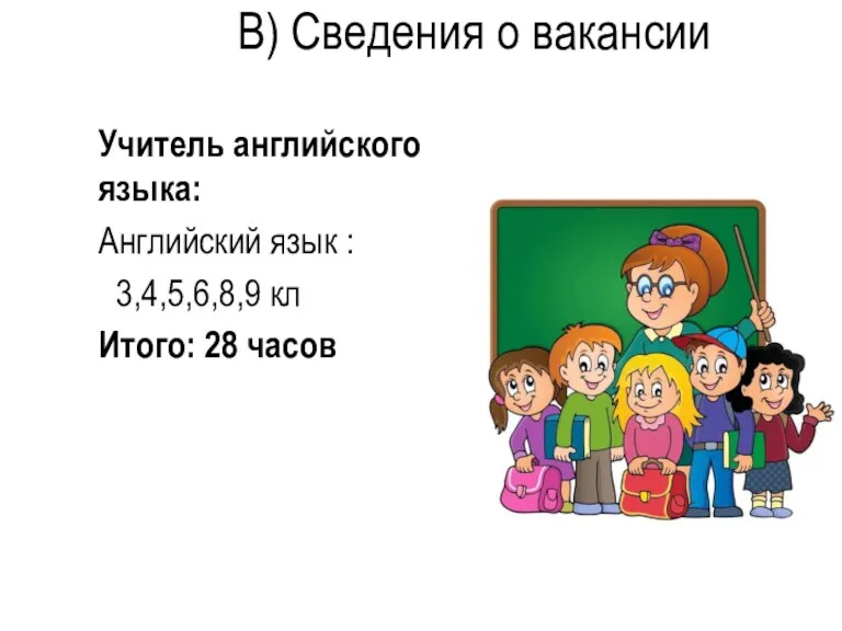 В) Сведения о вакансии Учитель английского языка: Английский язык : 3,4,5,6,8,9 кл Итого: 28 часов