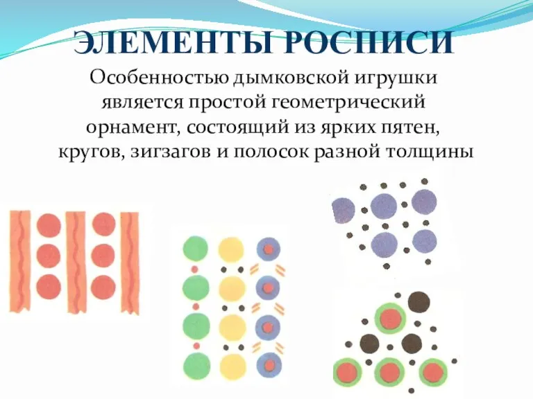 ЭЛЕМЕНТЫ РОСПИСИ Особенностью дымковской игрушки является простой геометрический орнамент, состоящий